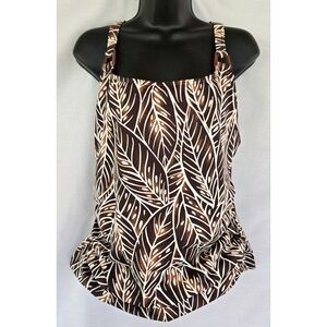 Lands' End▪️Leaf Print Brown and White Crisscross Back Bikini Tankini Swim Top